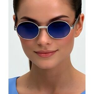 Round Blue Gradient Lens Sunglasses Wood Temples Silver Metal Frame Women